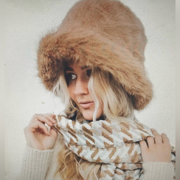 Faux Fur Flora Bucket Hat in Camel by Pretty Simple - Picture 1 of 2